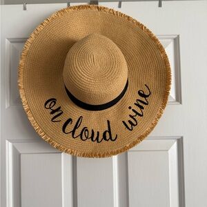 Wide Brim Straw Sun Hat with 'on cloud wine' Script - NWOT